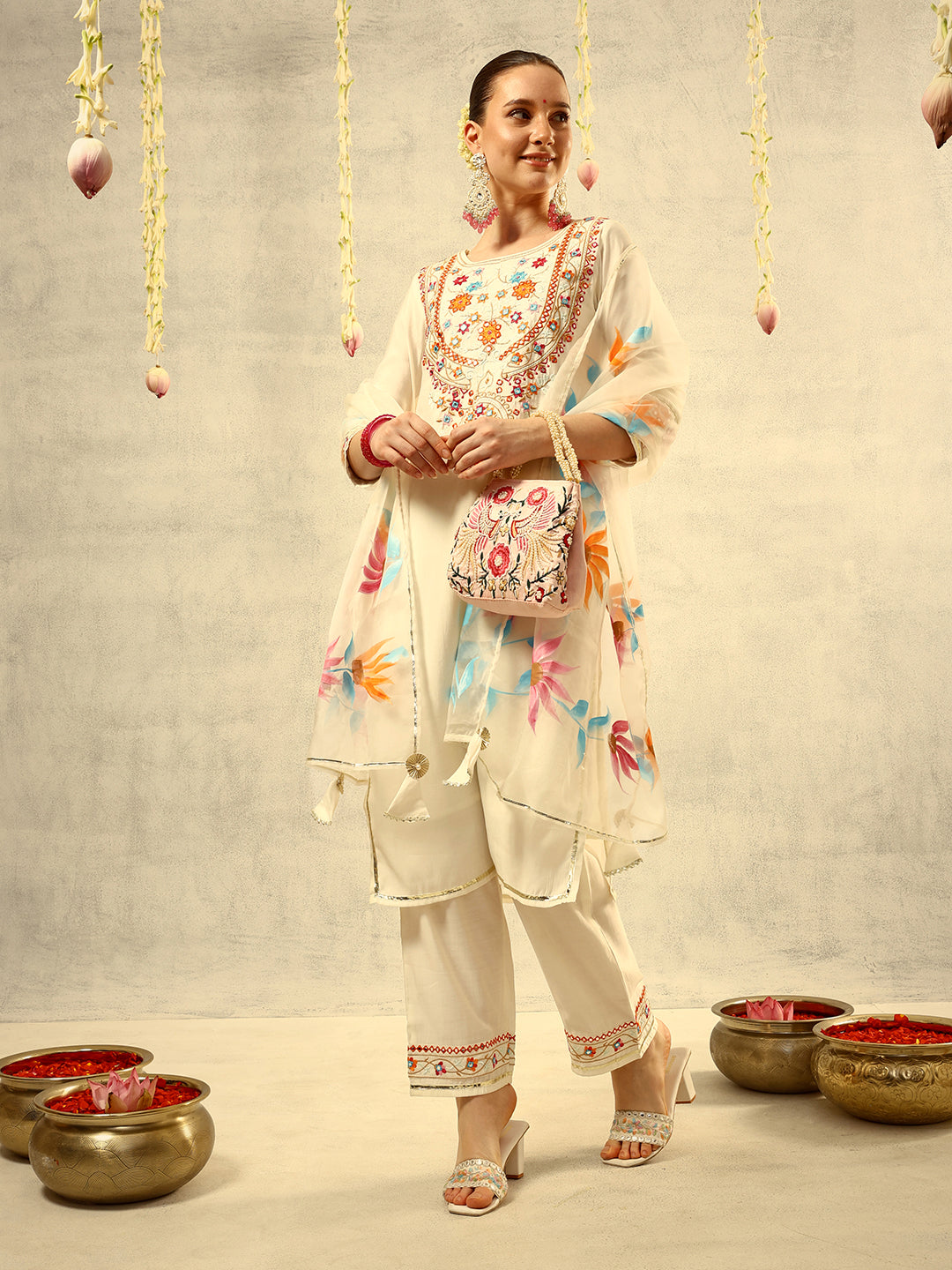 Off White Mirror & Thread Embroidered  Festive Kurta with Trouser & hand painted Dupatta