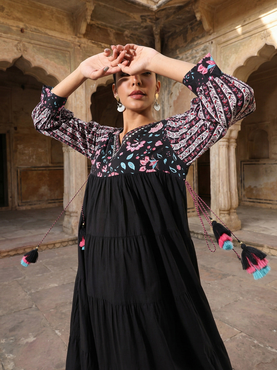 Graceful Black Cotton Floral Printed Tiered fit Gown
