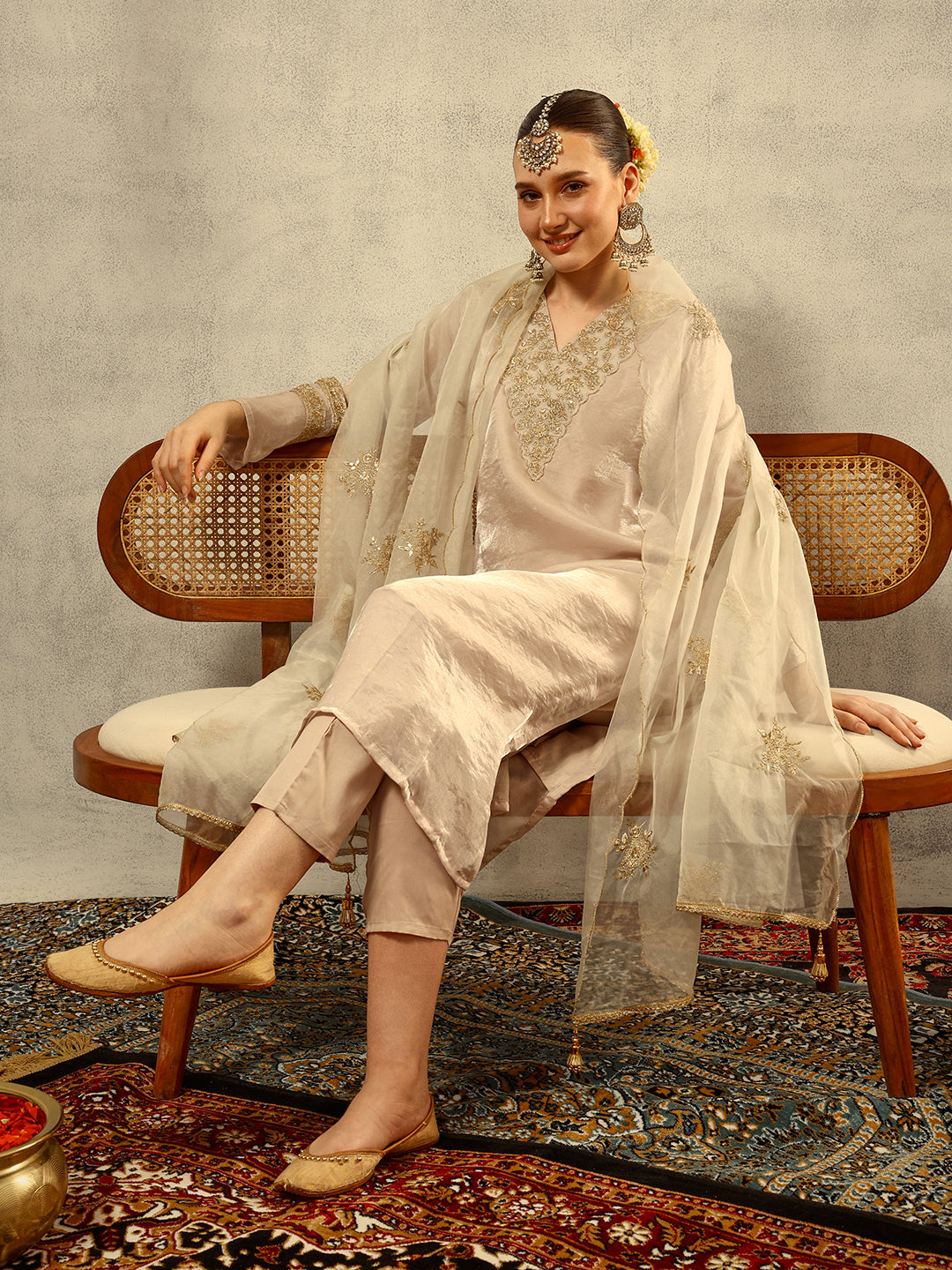 Cording & Zari Embroidered  Festive Kurta with Trouser & Embellished Dupatta