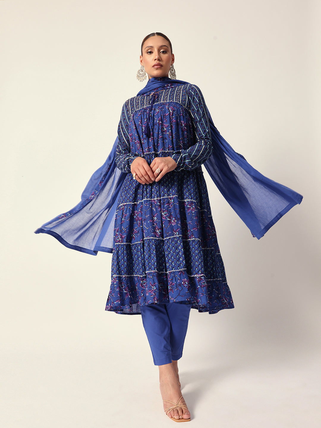 Graceful Blue Cotton floral printed tiered fit kurta set with dupatta