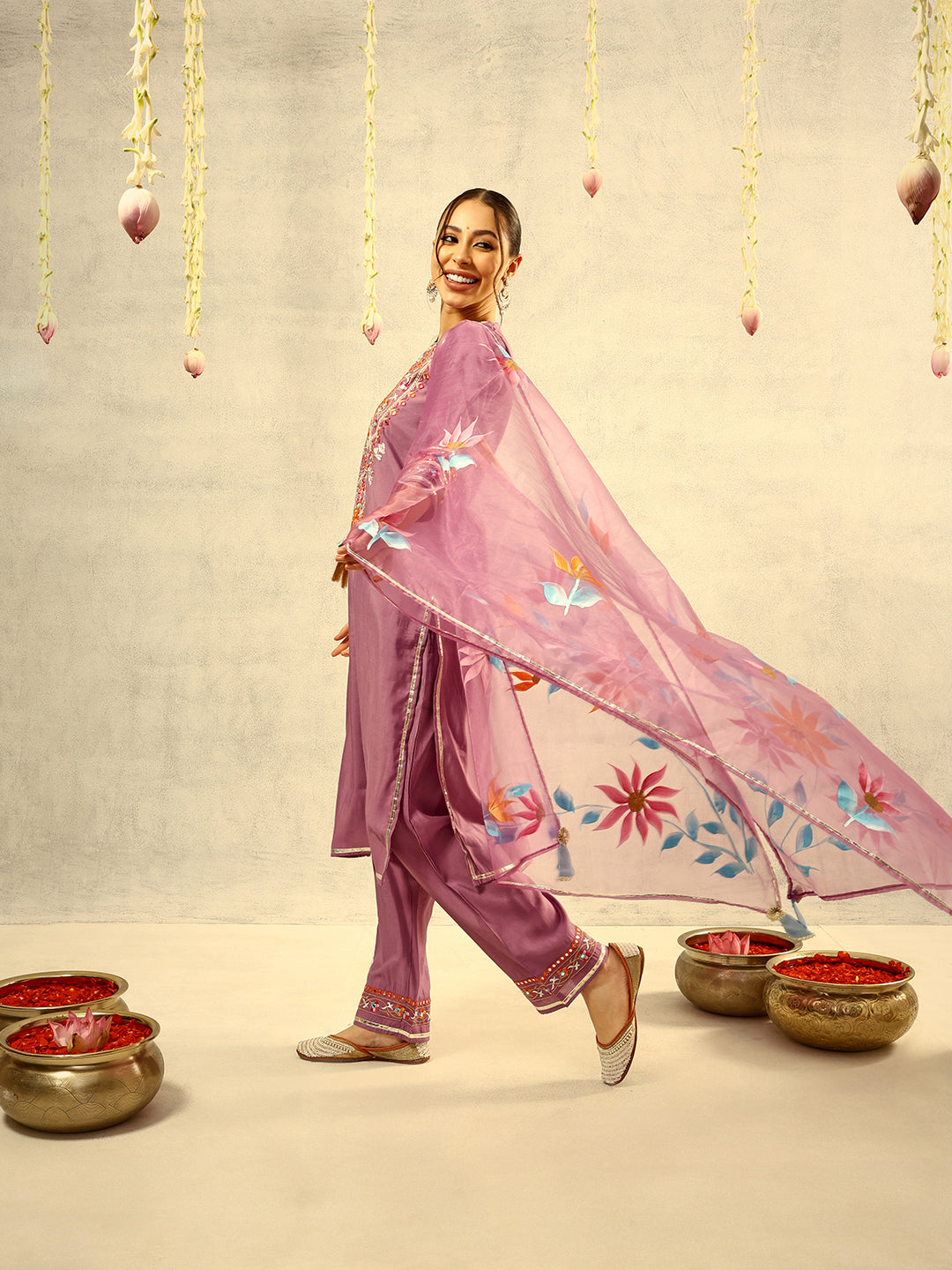 Purple Mirror & Thread Embroidered  Festive Kurta with Trouser & hand painted Dupatta