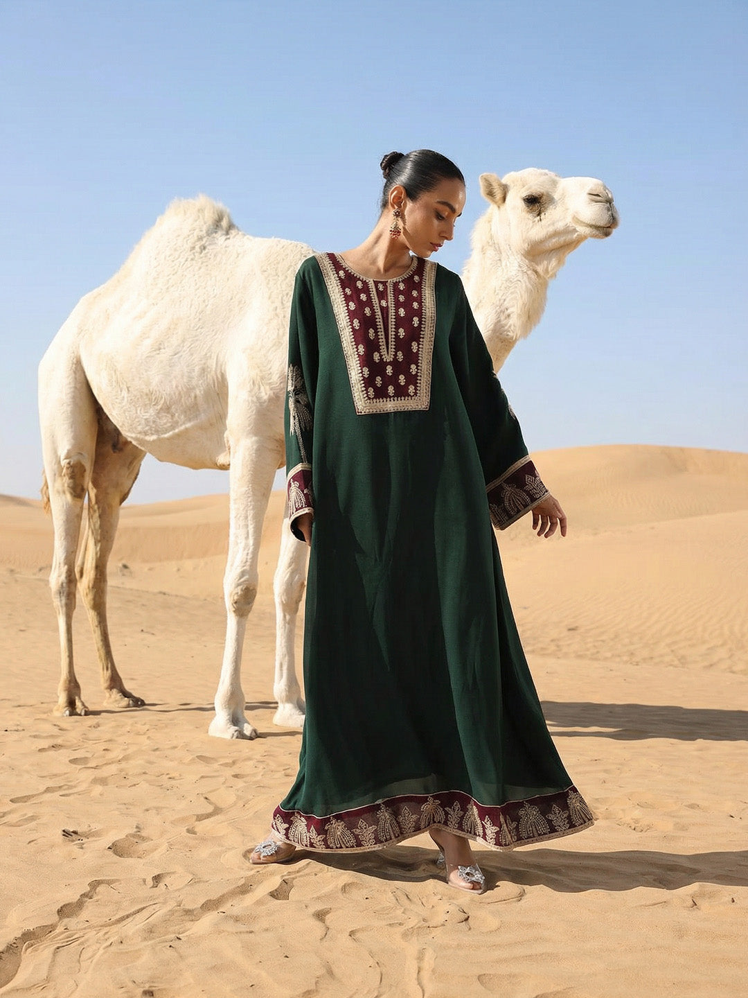 Rich Embroidered Woven Green Abaya