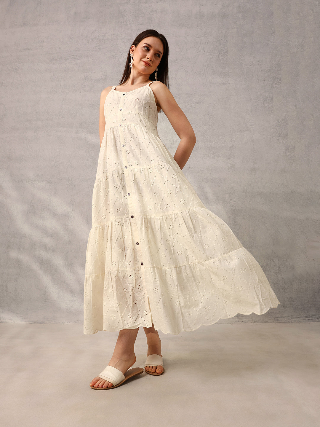 Off White Smart  Casual Schiffli Maxi Dress