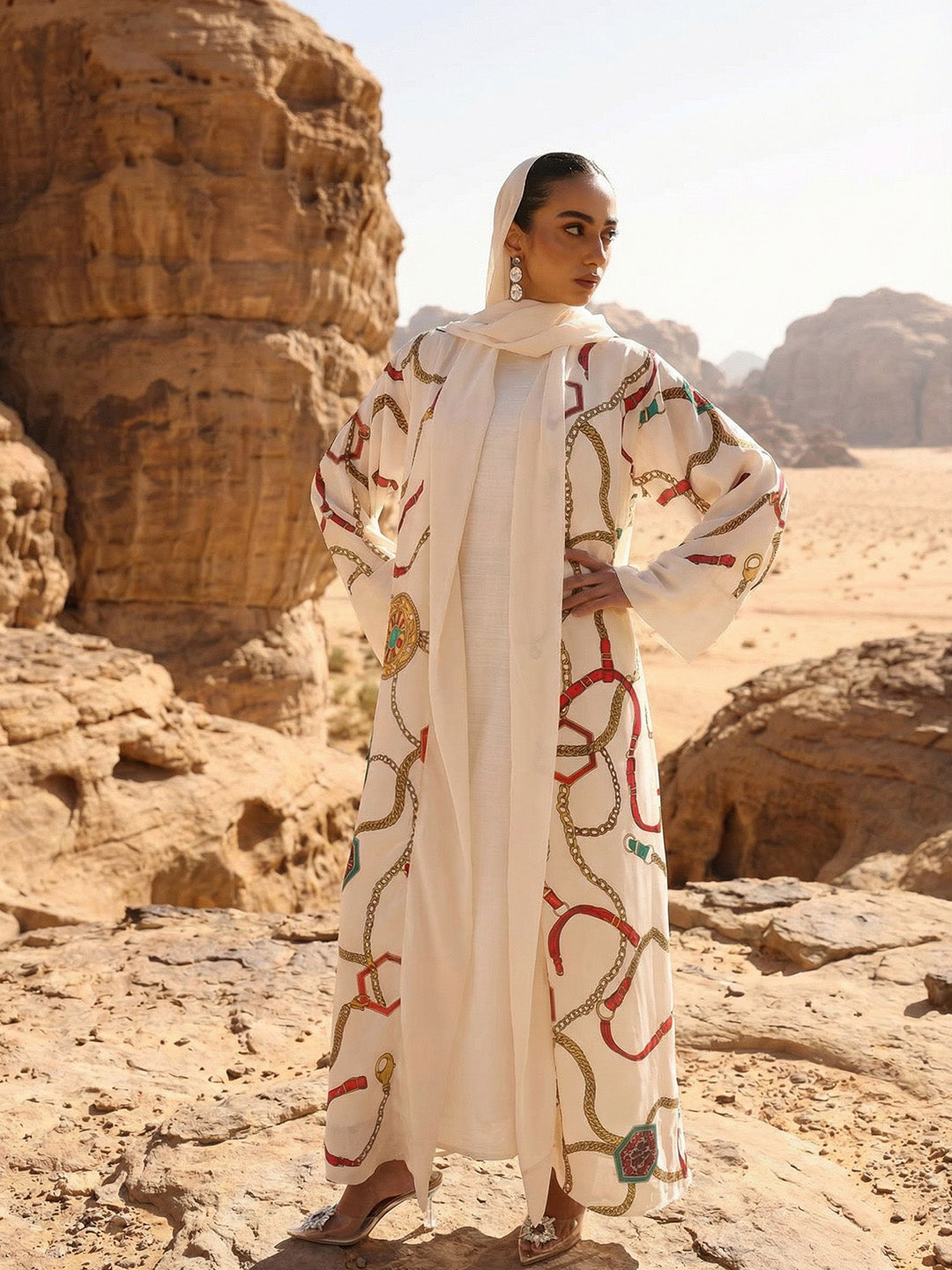 Rich Printed Woven Longline Offwhite Abaya with Hijab