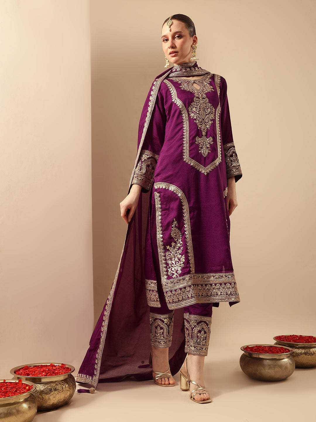 Rich Purple Embroidered Kurta set with organza dupatta