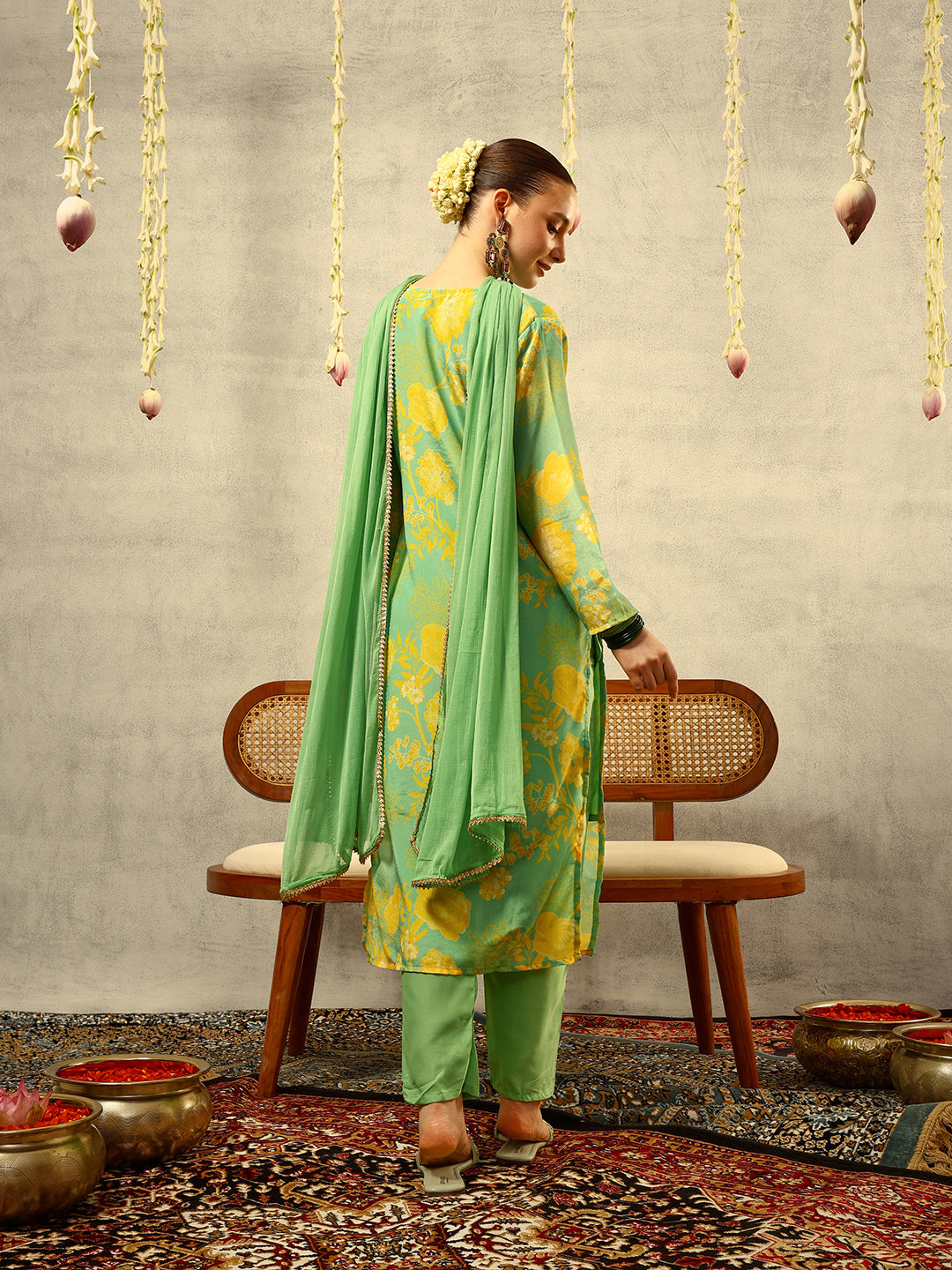 Green Digital Floral Printed & Mirror Embroidered Straight Kurta with Trouser & Dupatta