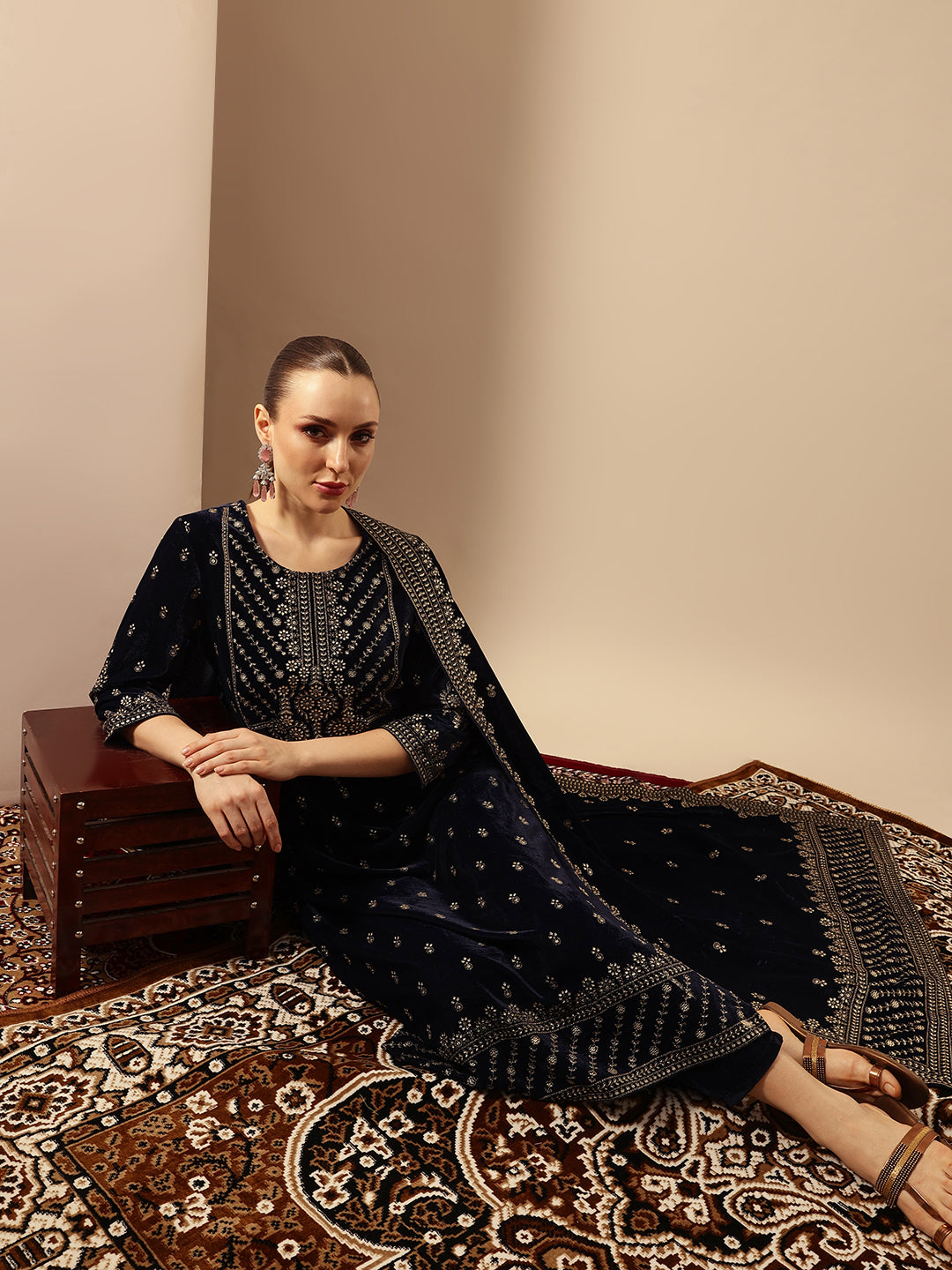 Rich Navy  Velvet Gold Print Straight Kurta sets with dupatta