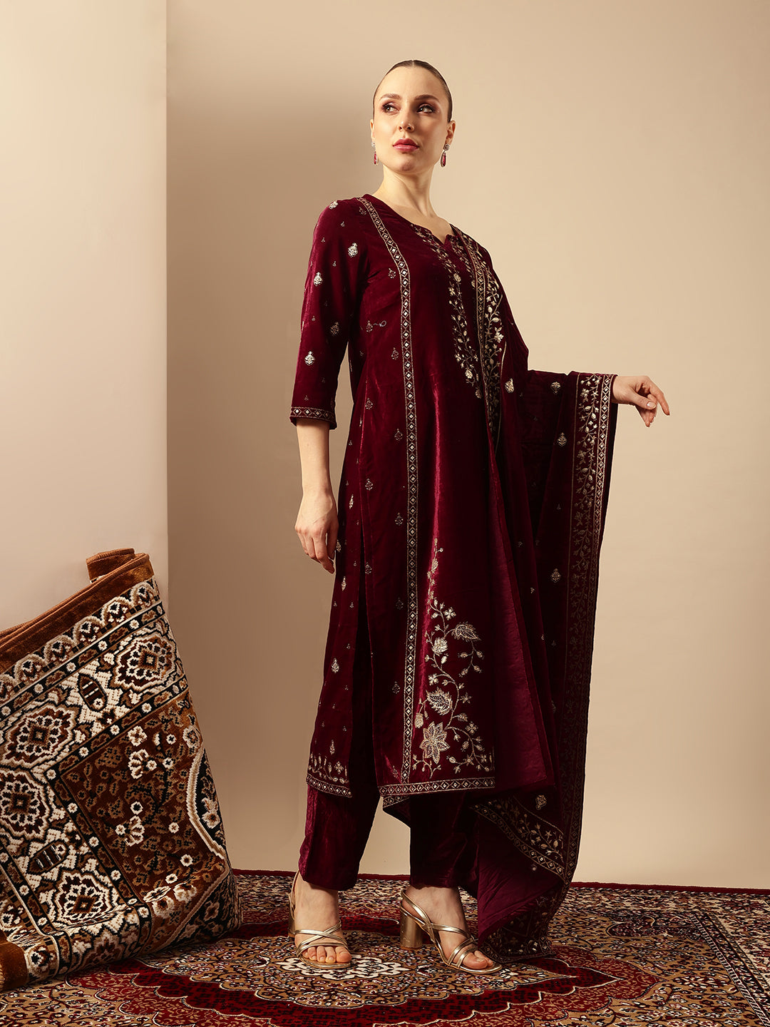Rich Wine Velvet Gold Print Straight Kurta sets with dupatta
