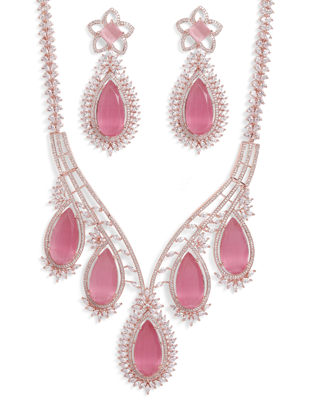 Pink Colour Silver Plated AD Jewellery Set