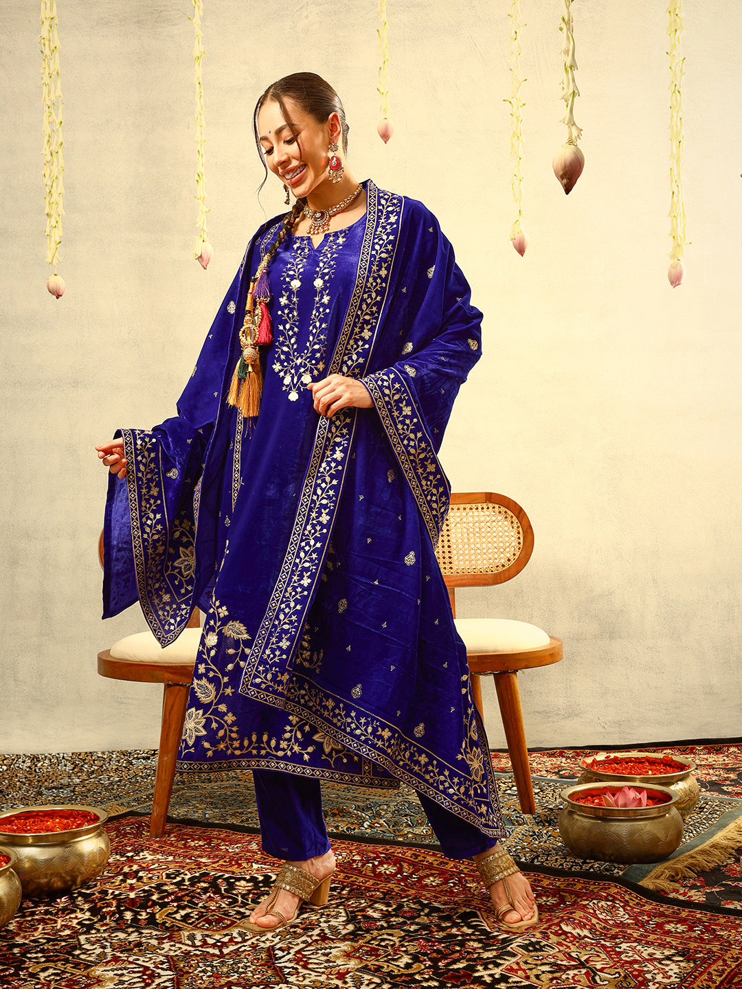Royal Blue Gold Print Festive Kurta with Trouser & Velvet Dupatta