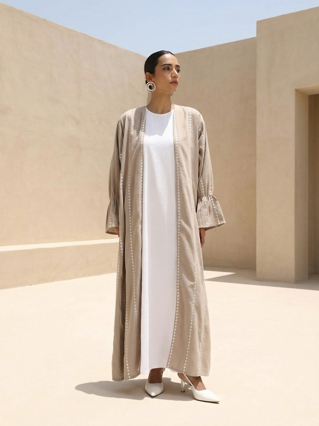 Rich Beige Relaxed Abaya with Hijab in Crinckle Cotton