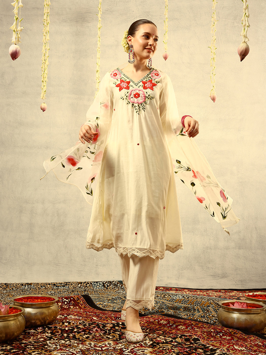 Off White Mirror & Thread Embroidered  Festive Kurta with Trouser & Hand Painted Dupatta