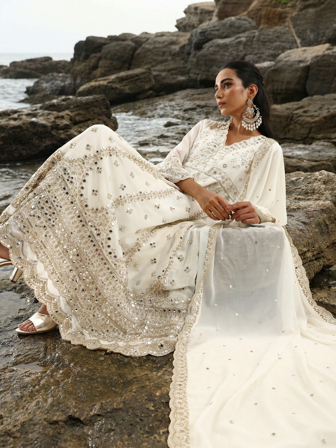 Buy Rich Off white Embroidered Anarkali Kurta sets