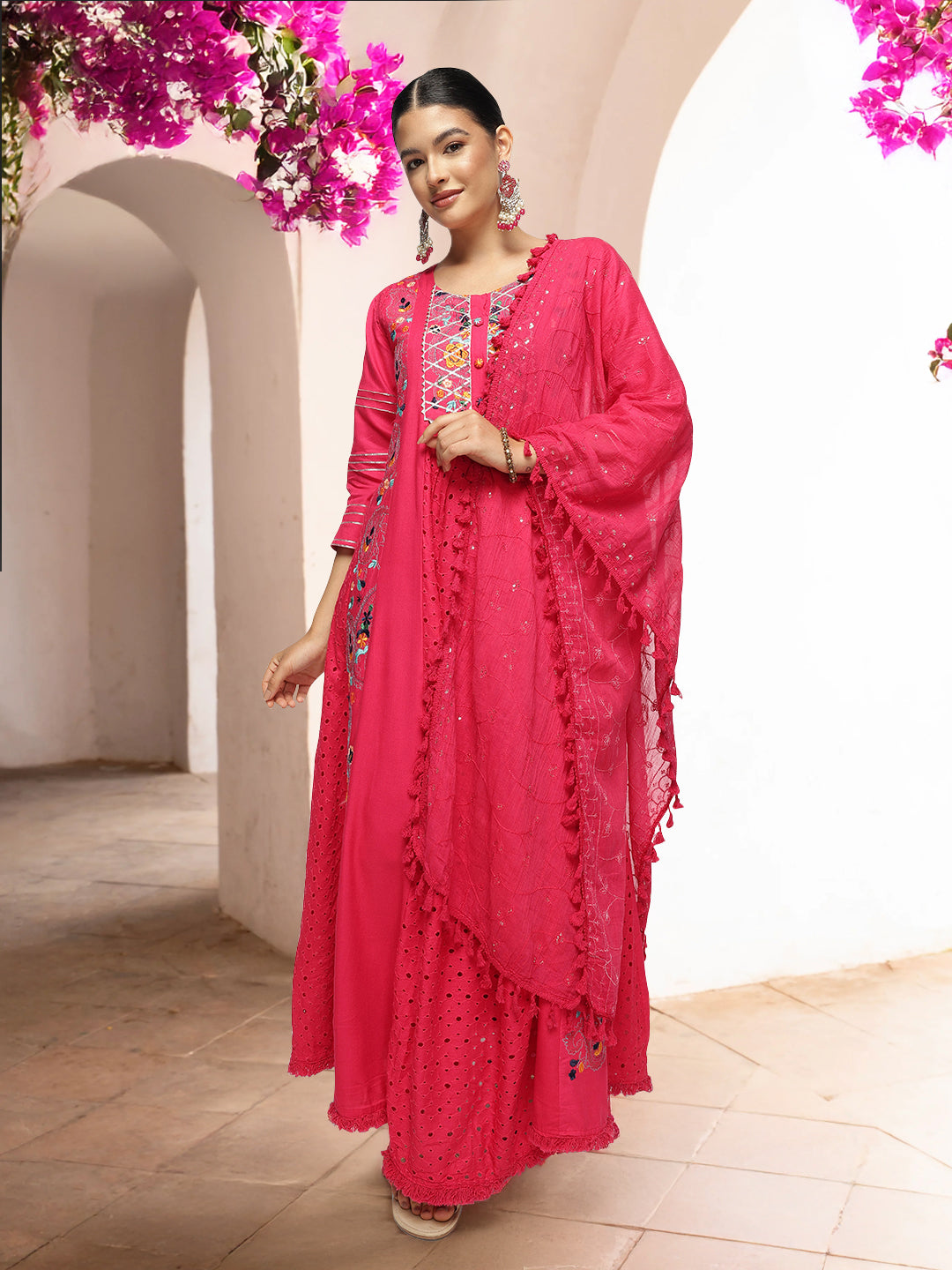Graceful Pink  Rayon Schiffli Embroidered A-line Kurta Set with dupatta