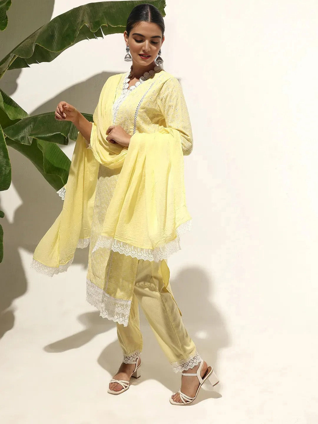 Graceful Yellow Cotton Schiffli Straight Fit  Kurta Set with floral Lace dupatta