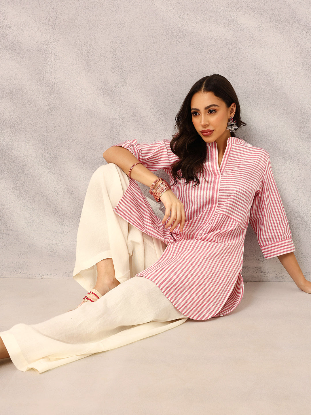 Pink and White Yarn Dyed Stripe Tailored Workwear Kurta