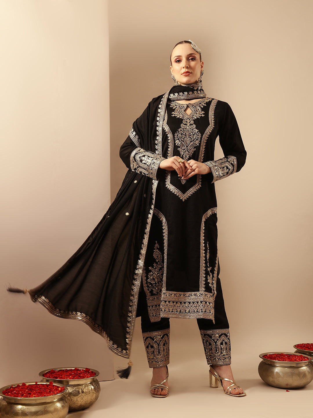Rich Black Embroidered Kurta set with organza dupatta