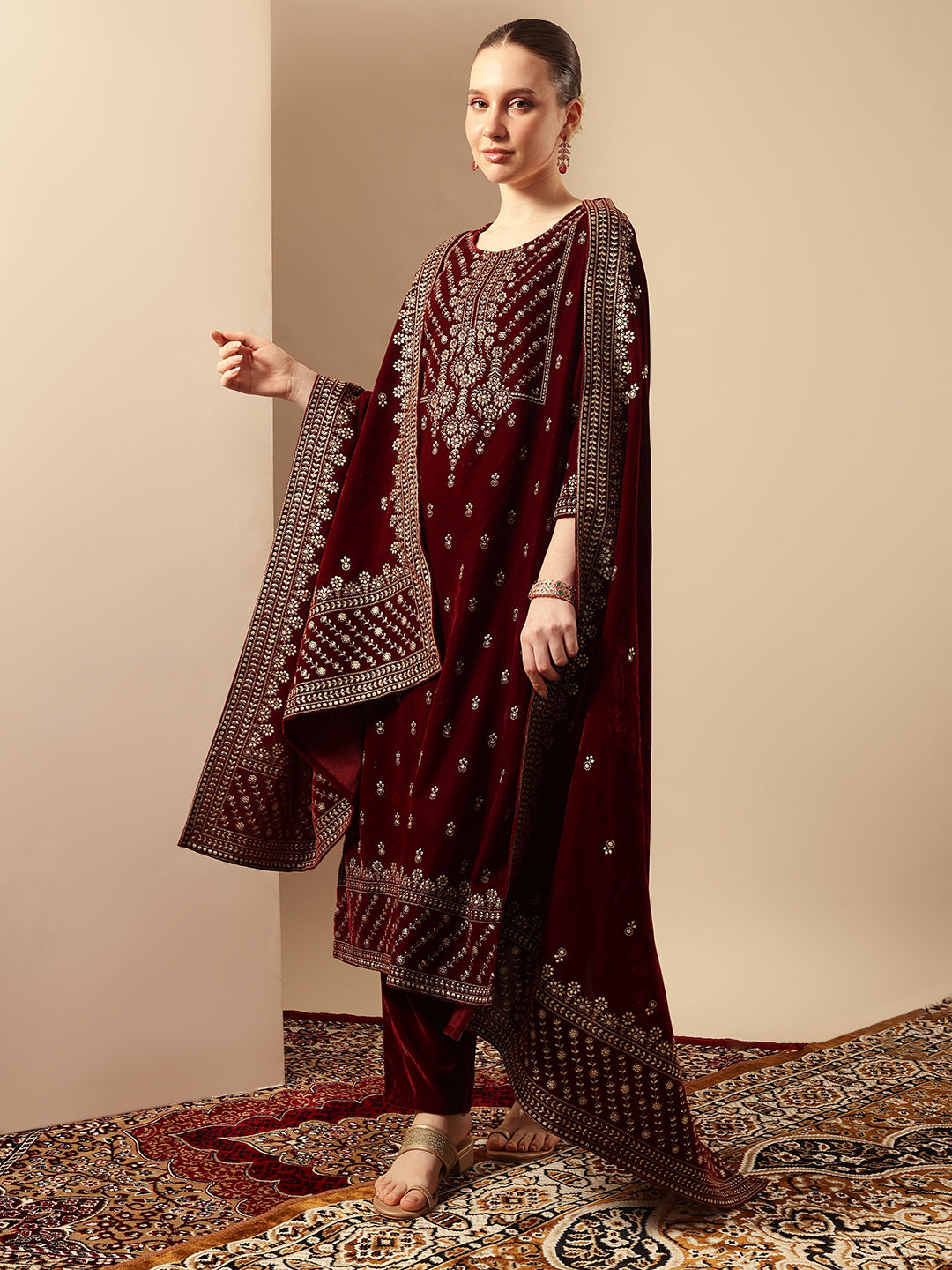 Rich Maroon Velvet Gold Print Straight Kurta sets with dupatta