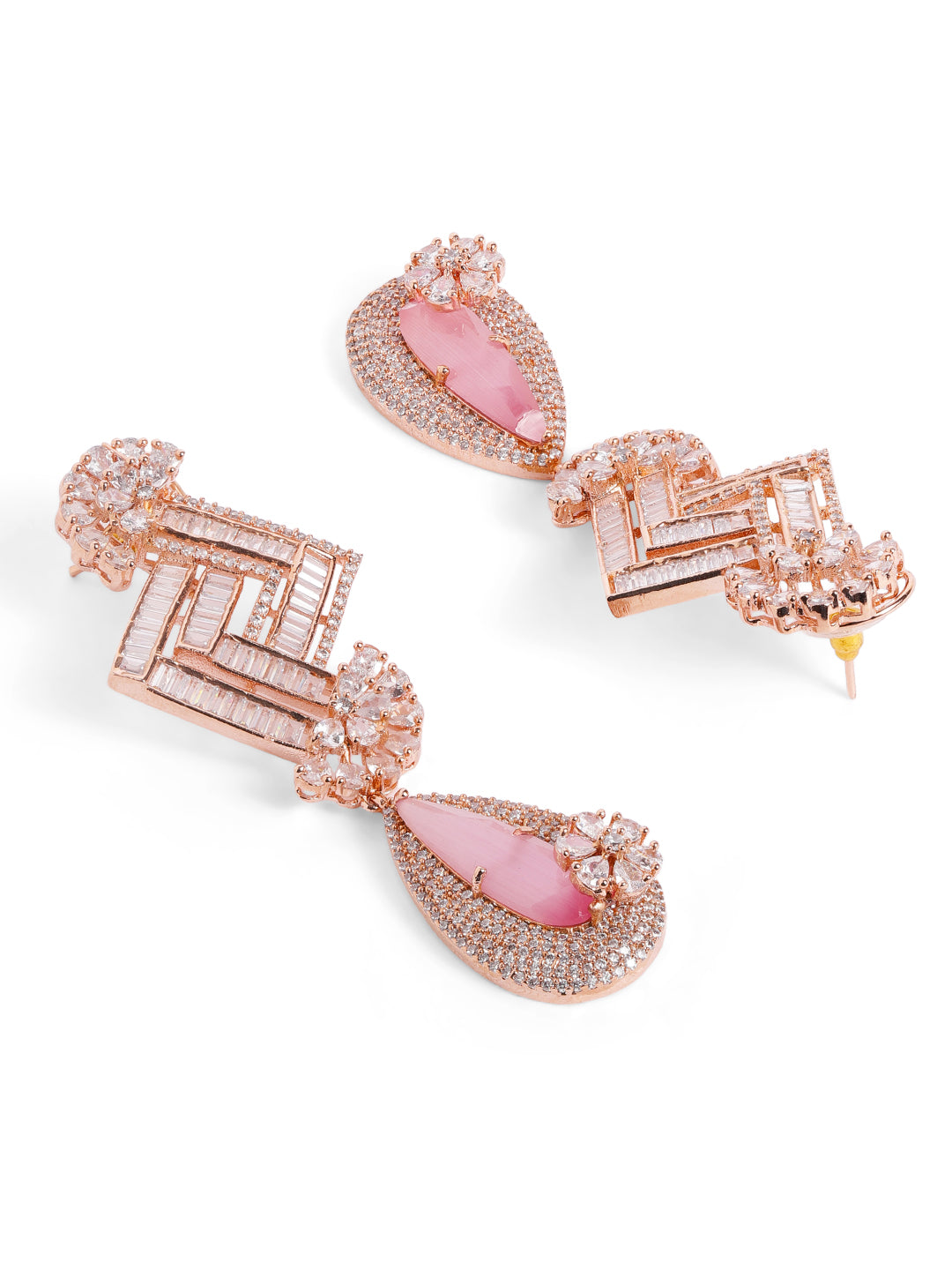 Pink Colour Rose Gold Plated AD Drop Earring