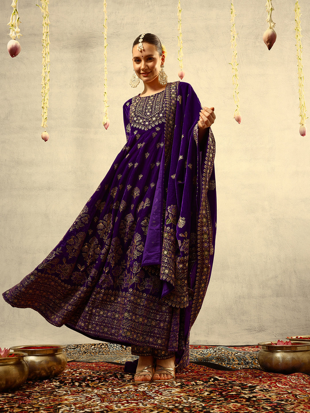 Ishin Purple Gold Printed Anarkali Festive Kurta with Trouser & Velvet Dupatta
