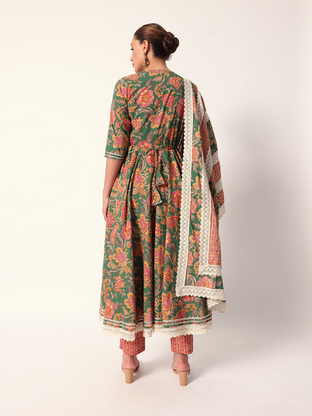 Graceful green cotton floral printed angrakha fit kurta set with dupatta
