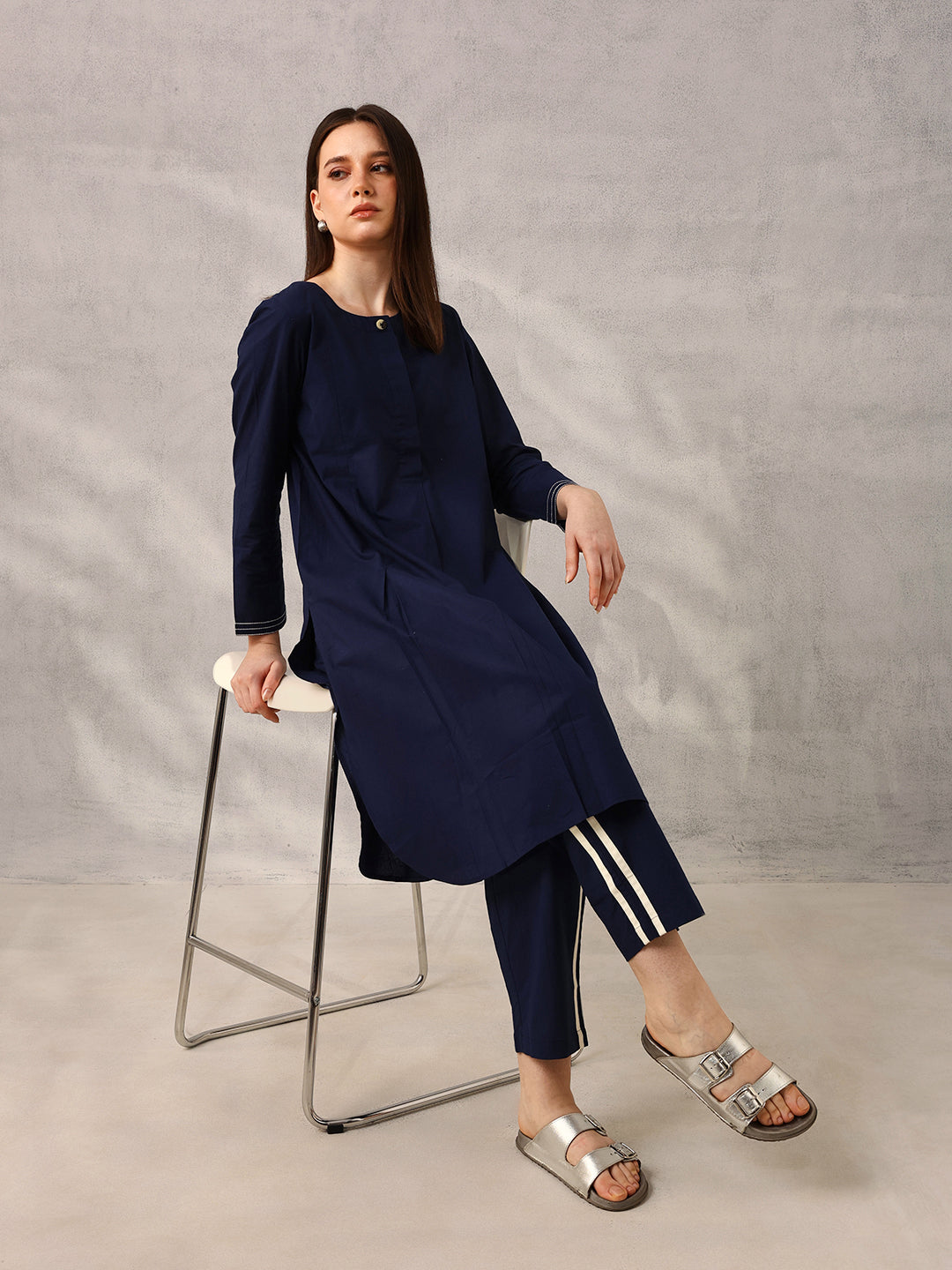 Navy Workwear  Tailored Solid Kurta with Trouser