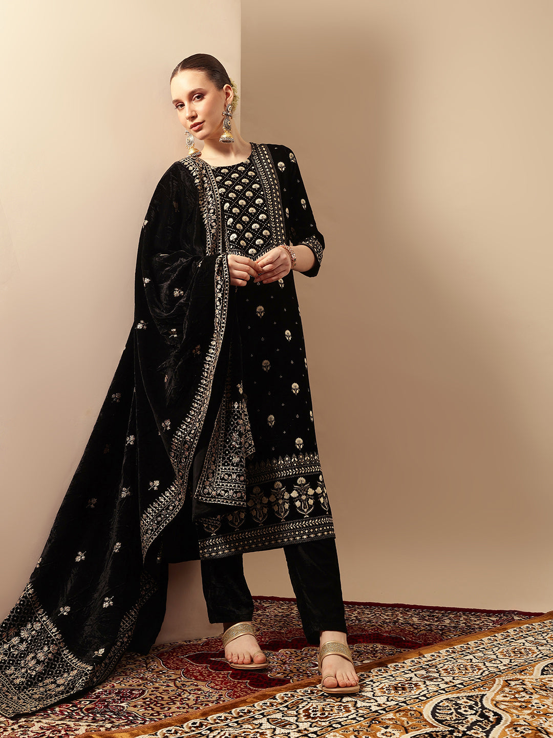 Rich Black Velvet Gold Print Straight Kurta sets with dupatta