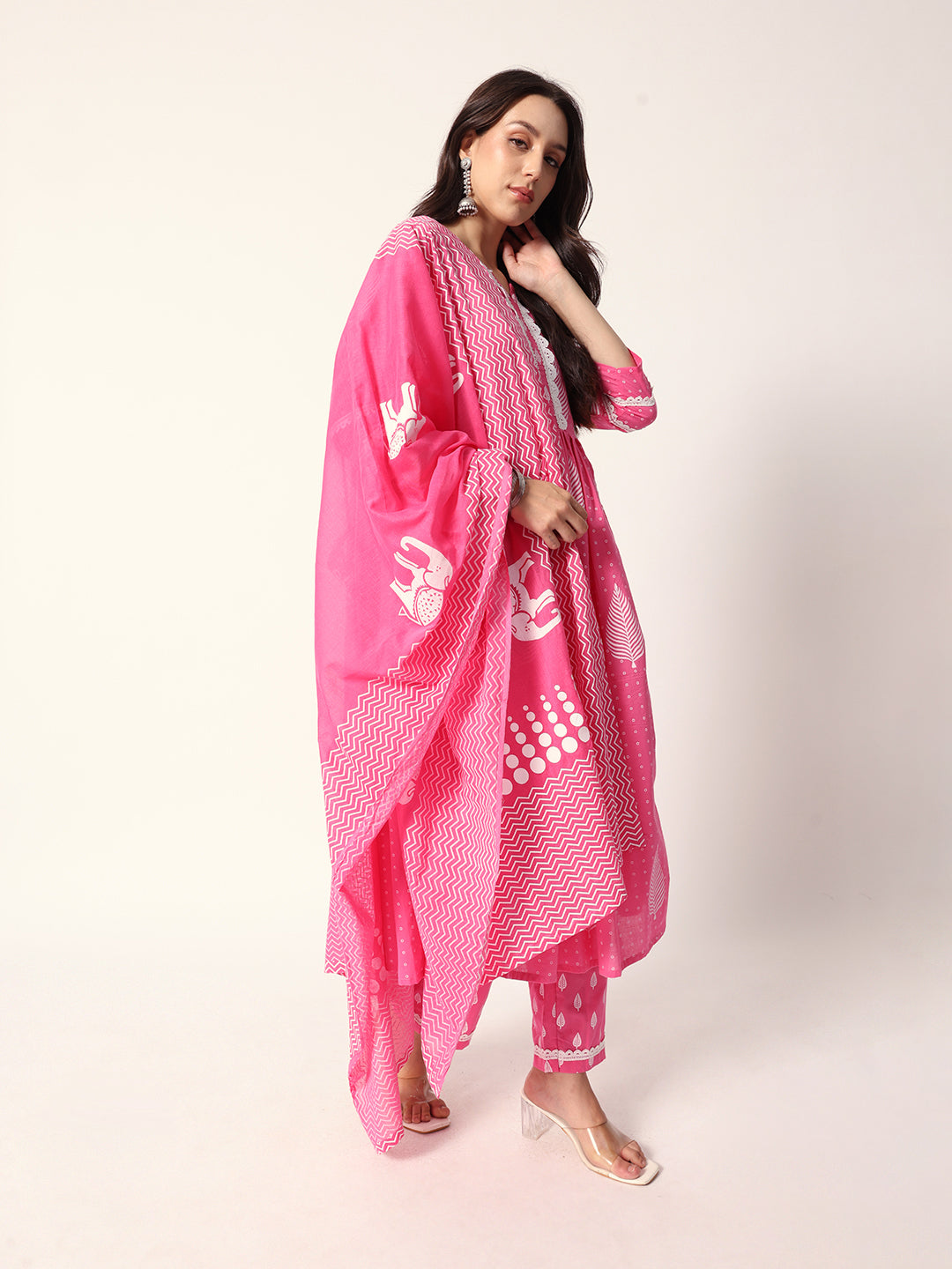 Comfy Pink cotton motif printed Aline fit kurta set with dupatta and tote bag
