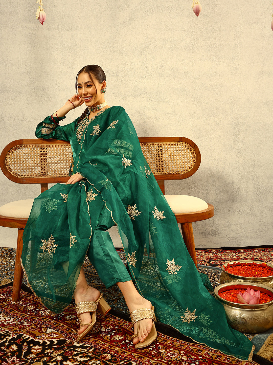 Green Cording & Zari Embroidered  Festive Kurta with Trouser & Embellished Organza Dupatta