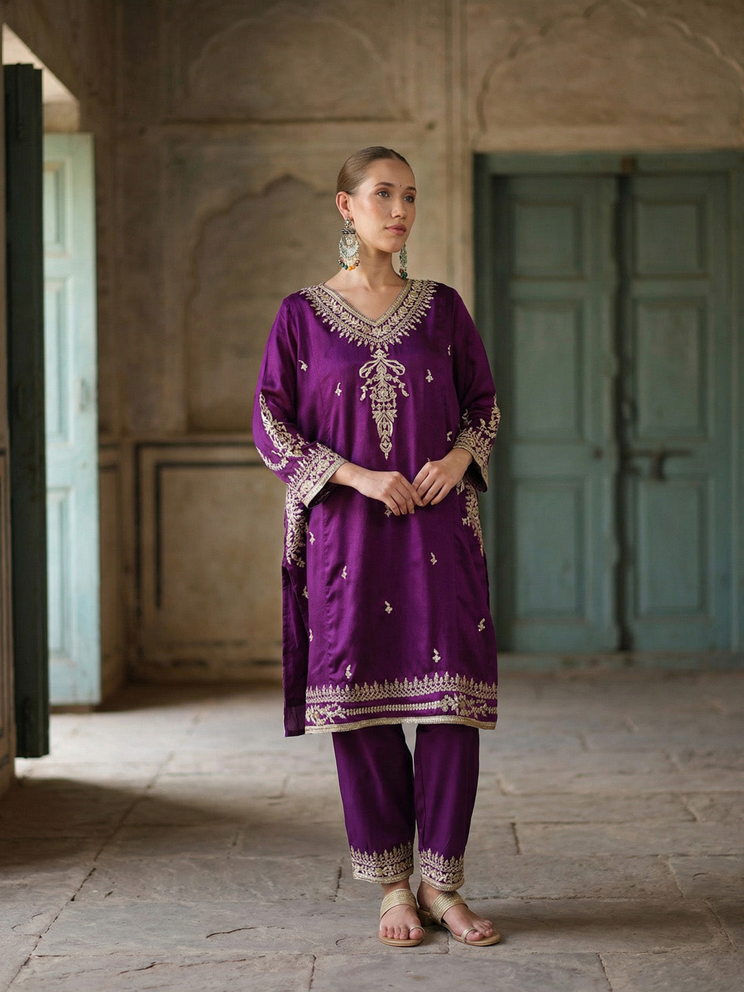 Rich Purple Embroidered Kurta  set