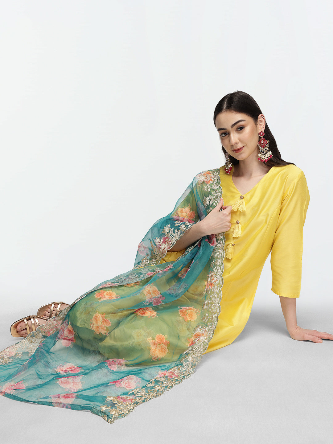 Graceful Yellow  Poly Silk Zari Embroidered A-line Kurta Set with statement dupatta