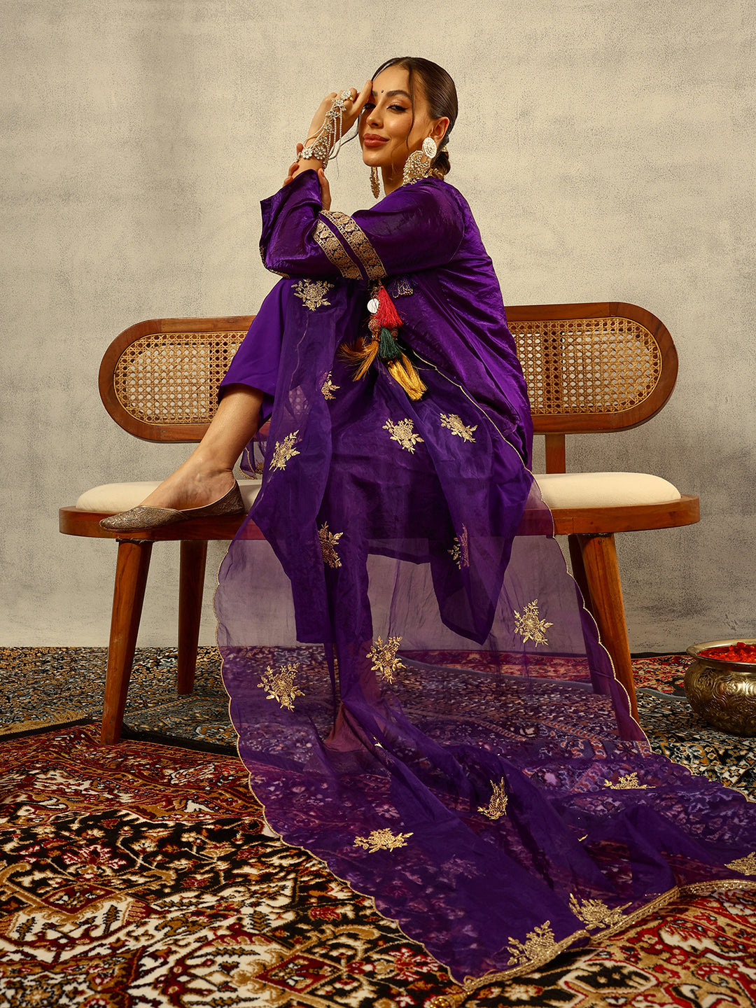 Purple Cording & Zari Embroidered Festive Kurta with Trouser & Embellished Organza Dupatta