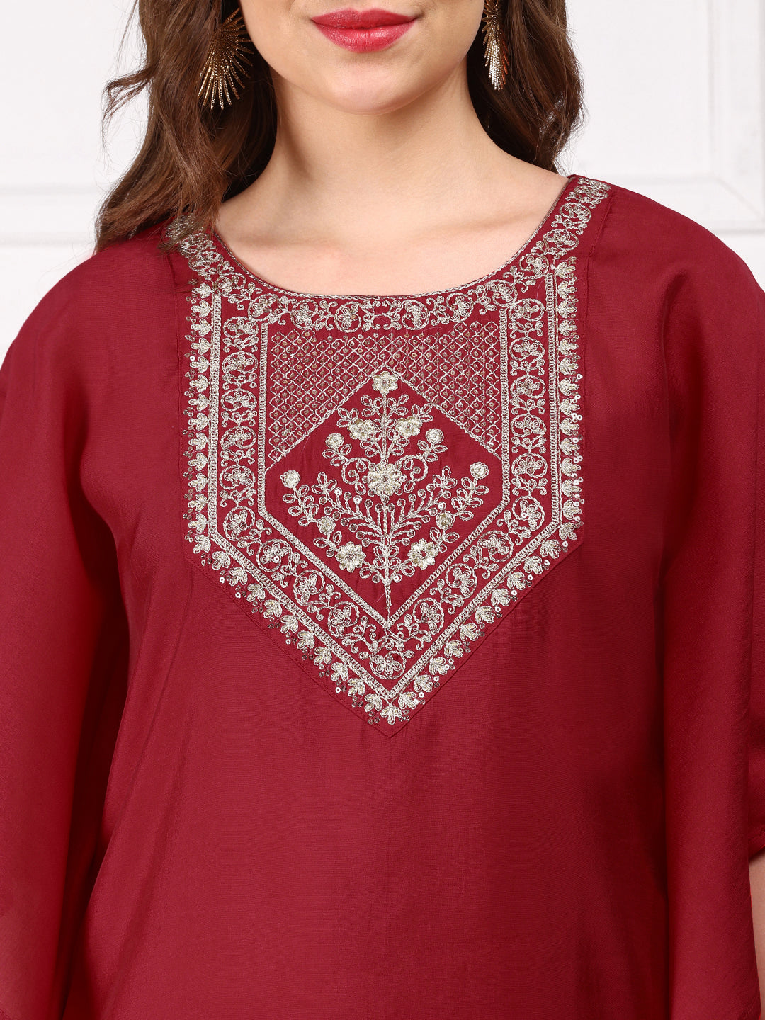 Graceful Red polyester zari embroidered Kaftan kurta set