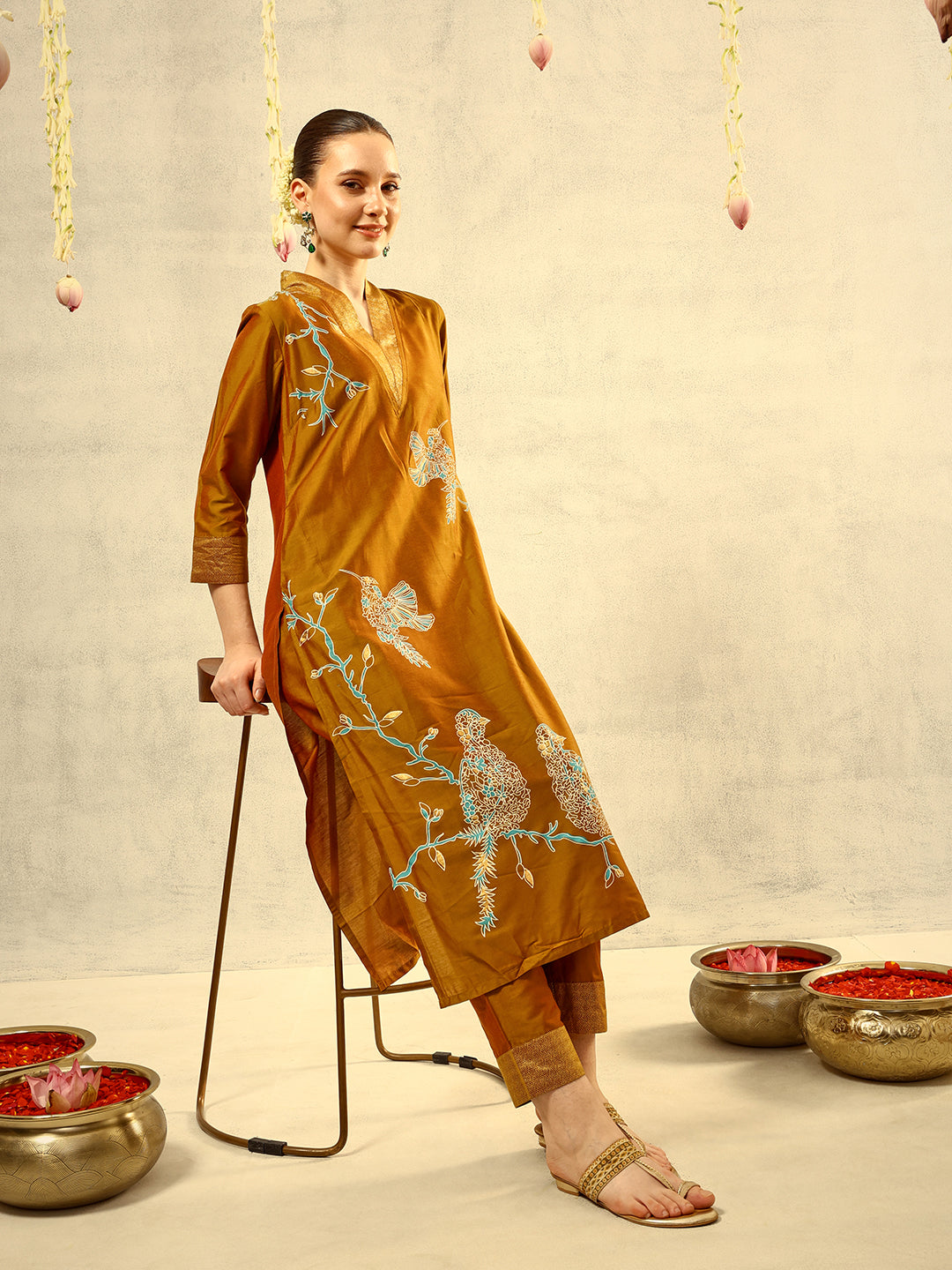 Ishin Olive Gold Foil Print Kurta with Shawl Collar & Trouser