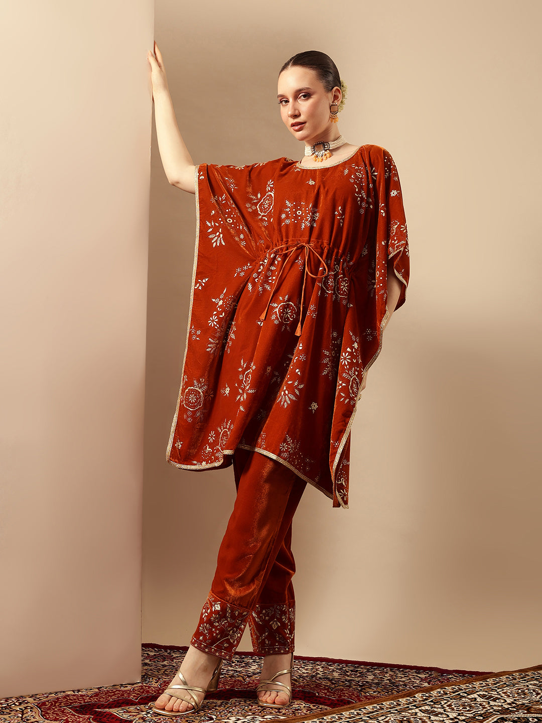 Rich Rust   Gold Print Kaftan Set Co-ords with dupatta