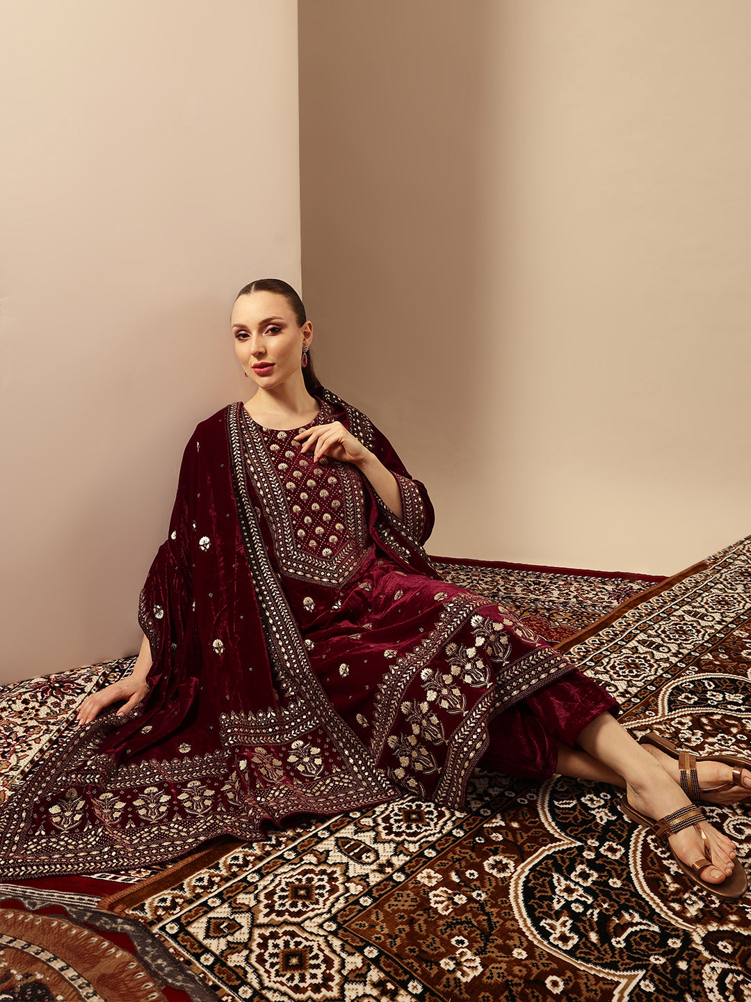 Rich Wine Velvet Gold Print Straight Kurta sets with dupatta