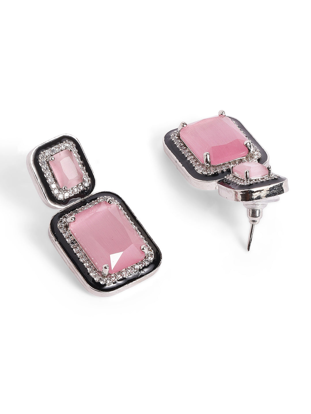 Pink Colour Silver Plated AD Drop Earring
