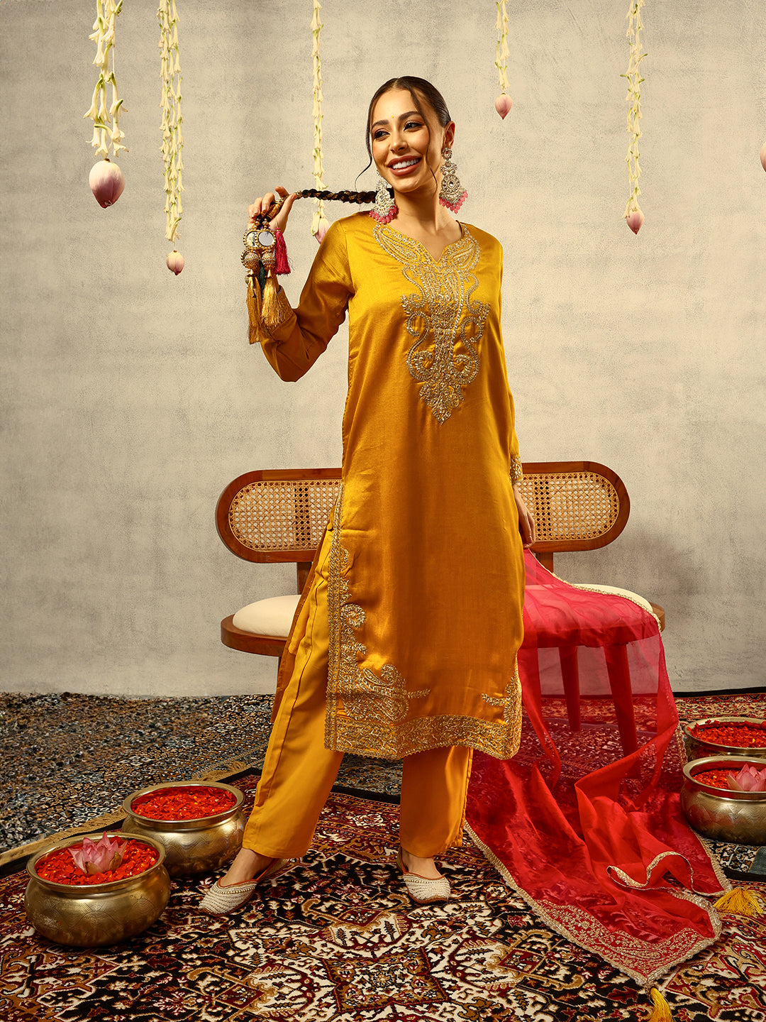 Mustard Cording & Zari Embroidered Festive Kurta with Trouser & full width Organza Dupatta
