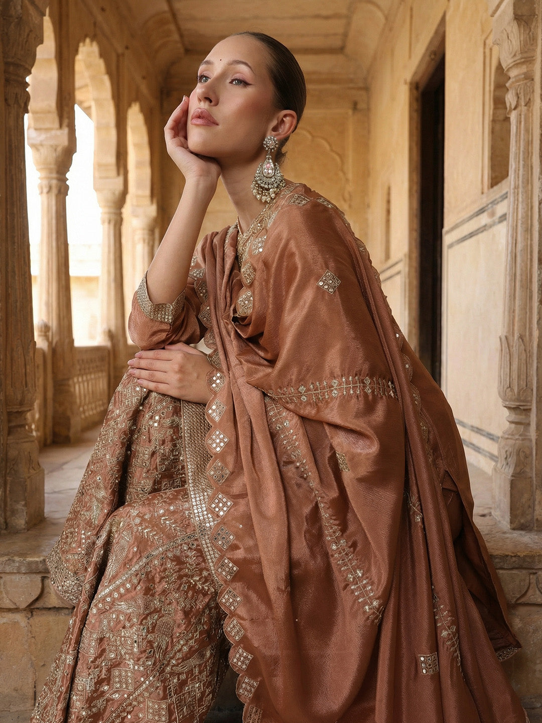 Rich Rust Embroidered Kurta and sharara set