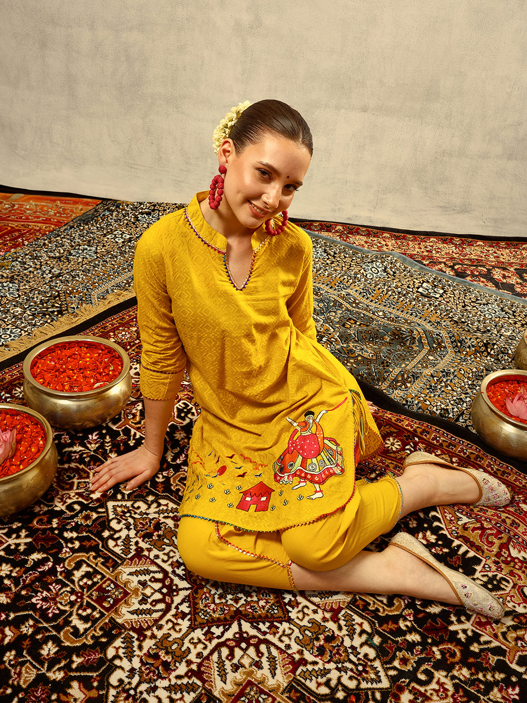 Yellow Bohemian Thread Embroidered Kurta with Dhoti Pants