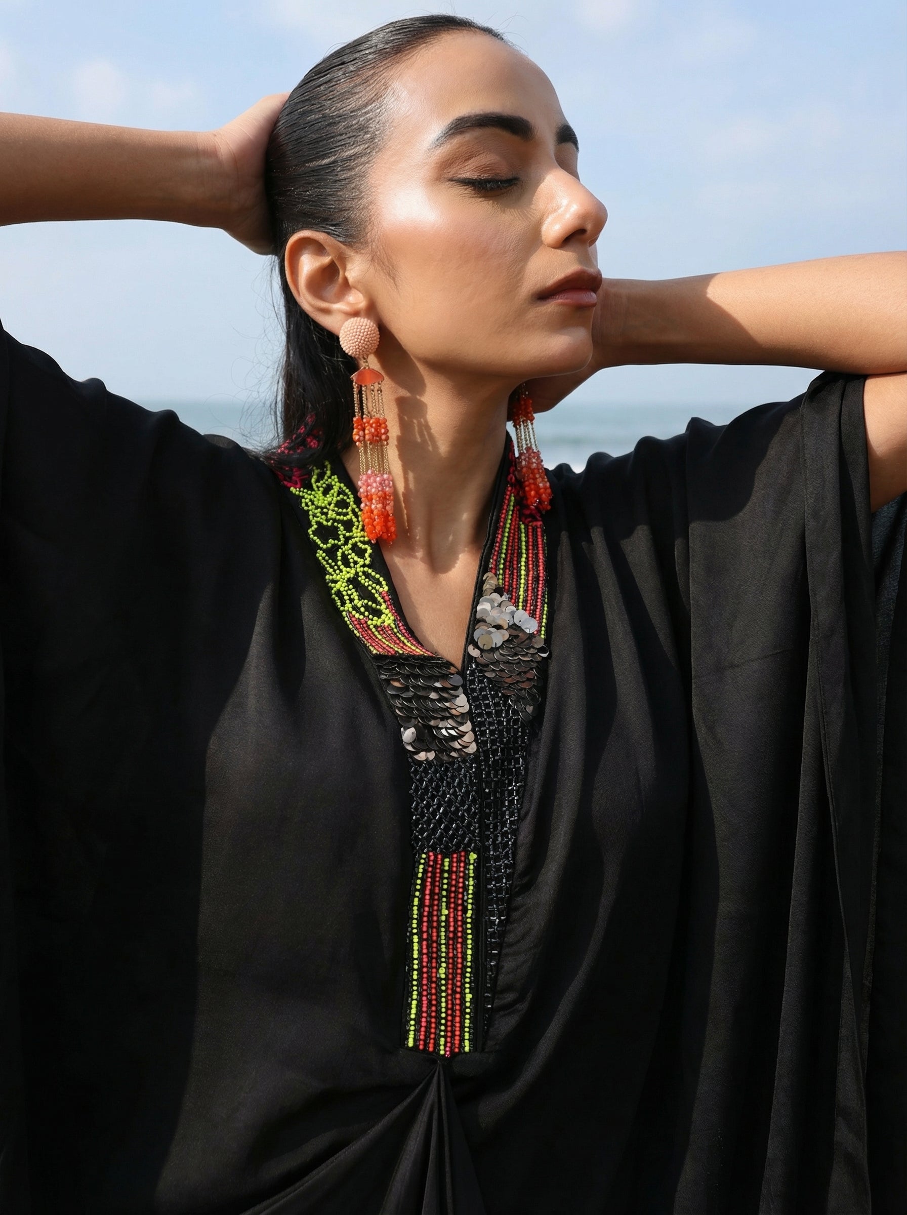 Rich Black Embroidered  Drape Kaftan set