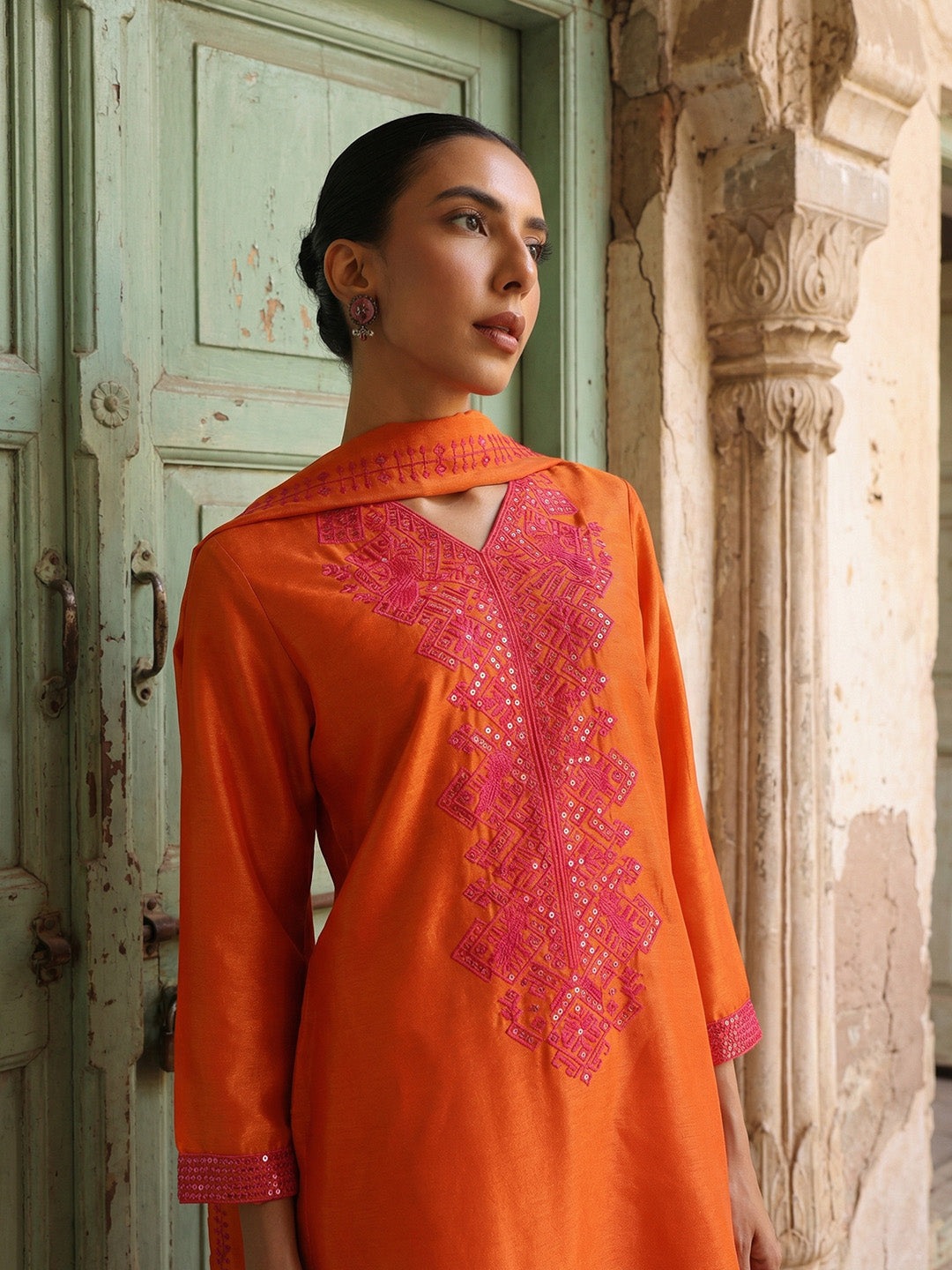 Rich Orange Embroidered  kurta set