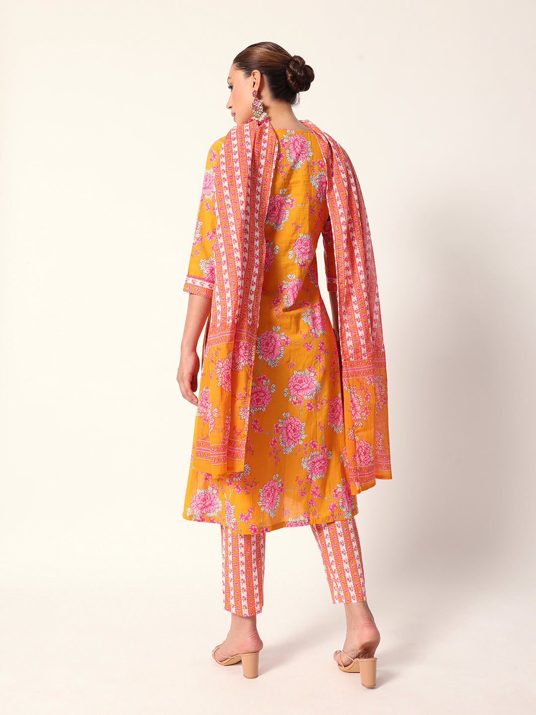 Comfy Mustard cotton floral printed anarkali fit kurta set with dupatta