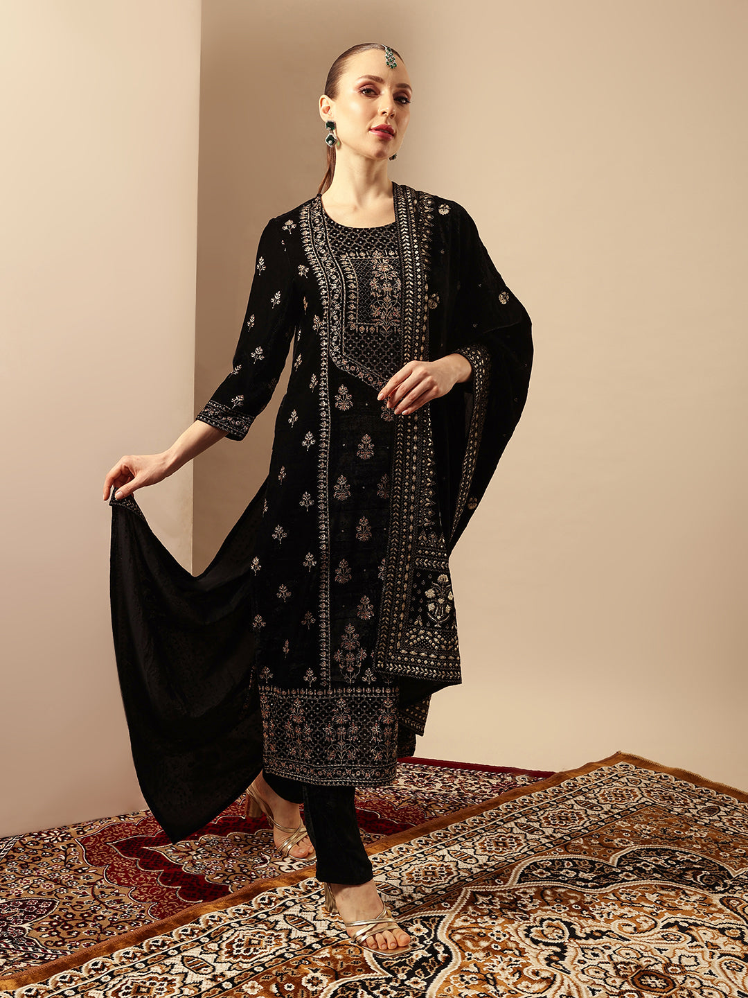 Rich Black Velvet Gold Print Straight Kurta sets with dupatta