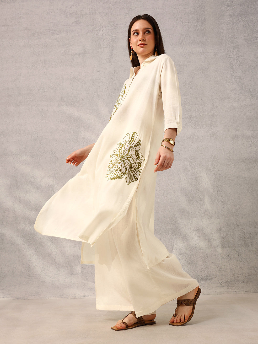 Ishin Off White Smart Workwear Embroidered Kurta with Palazzo