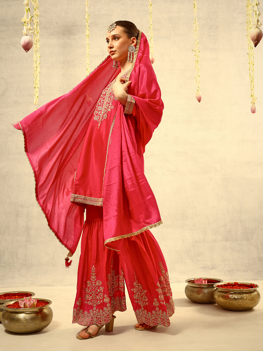 Ishin Pink Cording & Zari Embroidered  Festive Kurta with Sharara & Embellished Dupatta