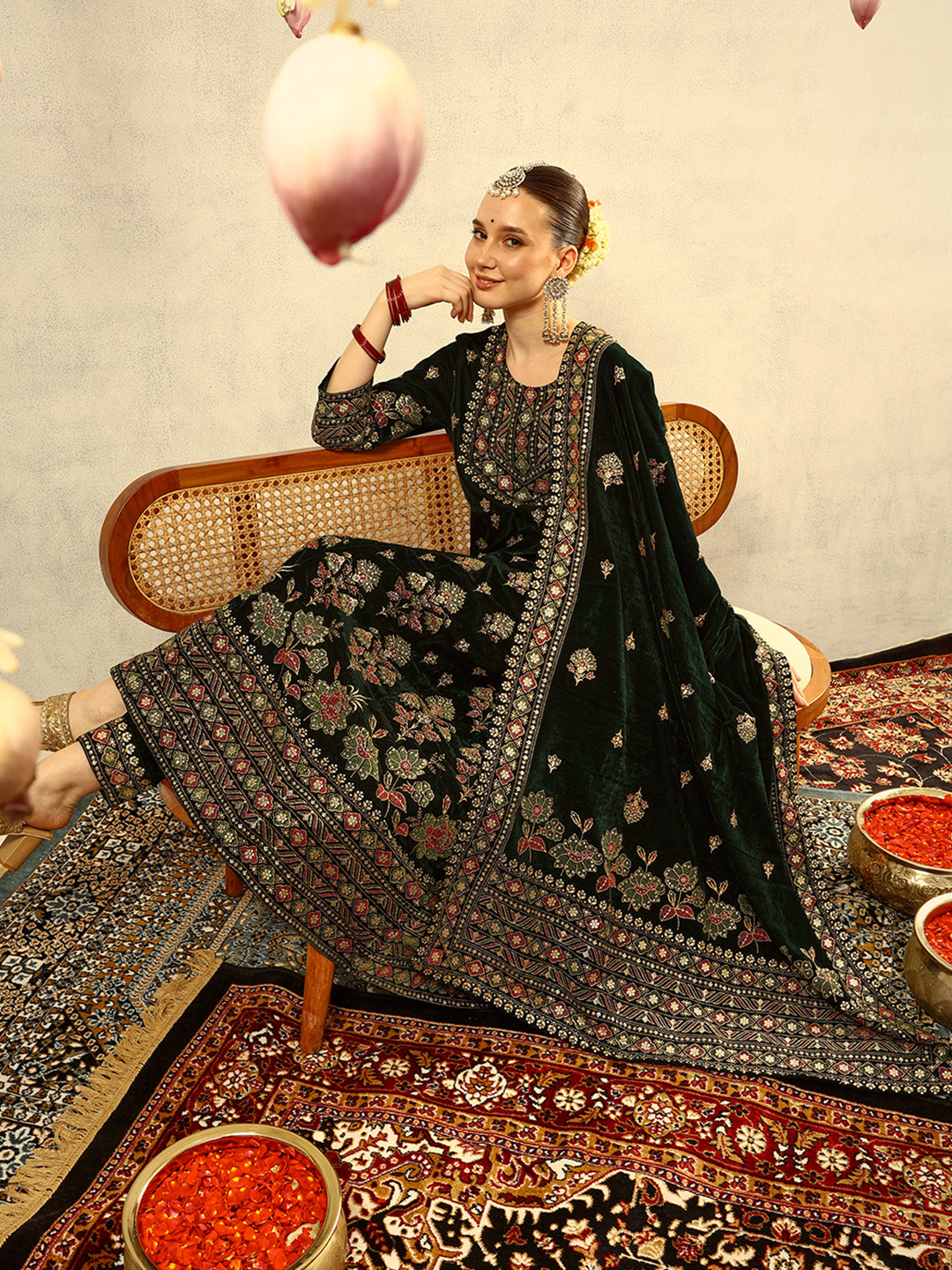 Ishin Green Gold Printed Anarkali Festive Kurta with Trouser & Velvet Dupatta