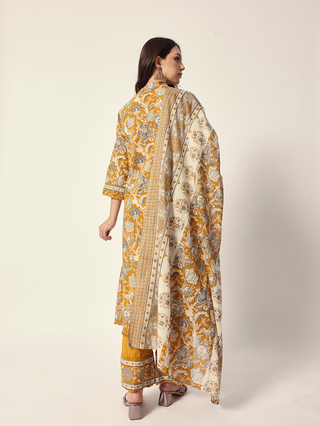 Comfy Yellow cotton floral printed with embroidery straight fit kurta set with dupatta