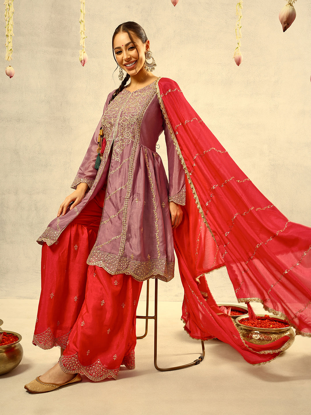 Ishin Purple Cording & Zari Embroidered  Festive Kurta with Sharara & Embellished Dupatta