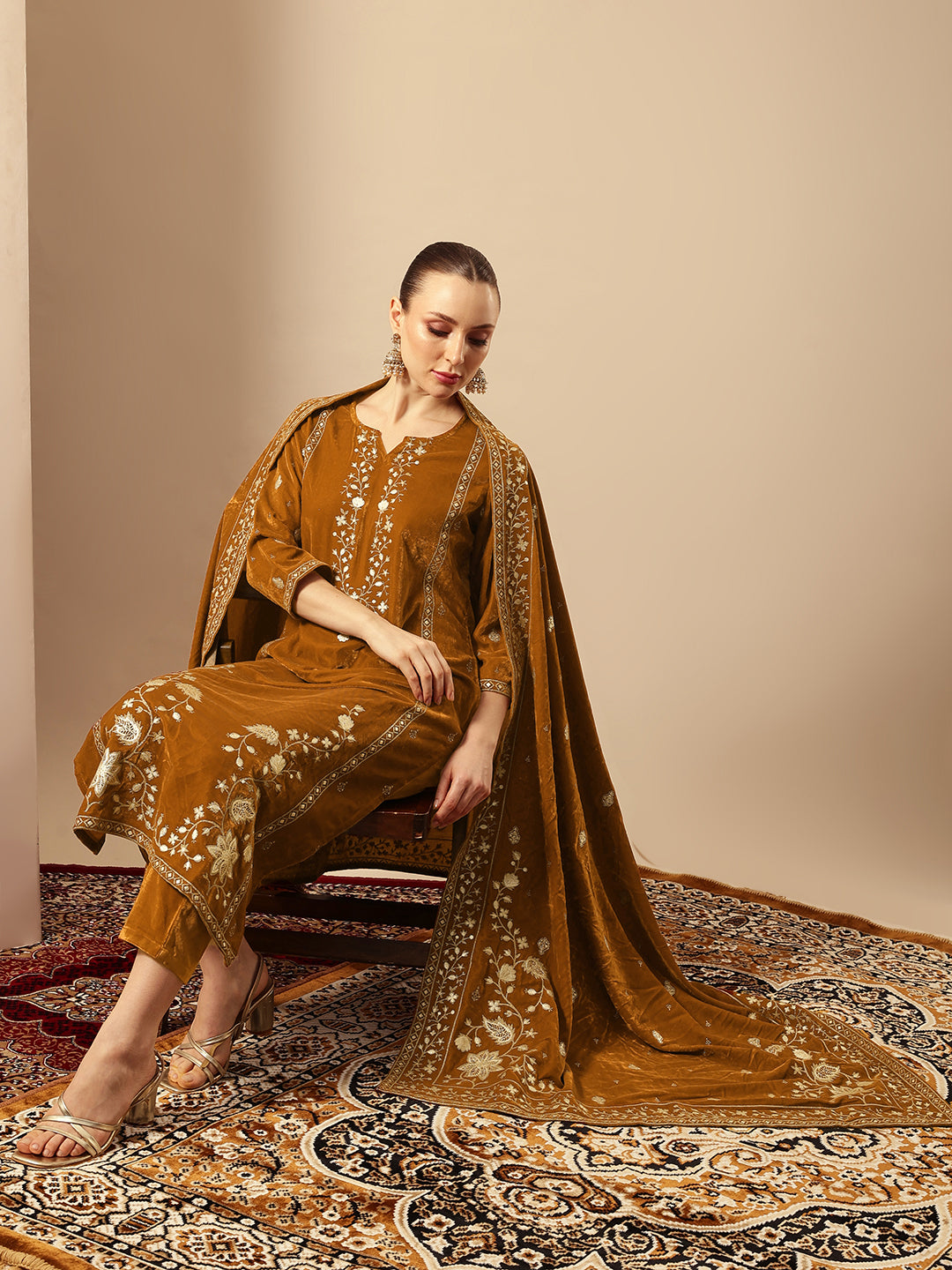 Rich Gold Velvet Gold Print Straight Kurta sets with dupatta
